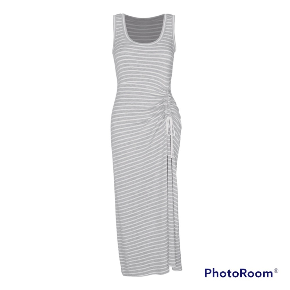 NWOT Cabi 5974 Stripe Easy Dress Maxi Dress Side Asymmetric Ruched